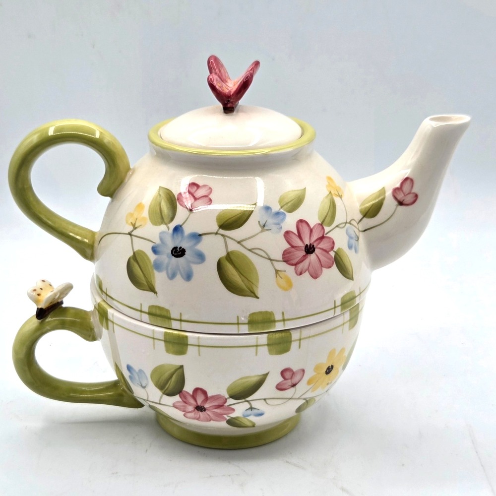 Home Interior Tea for One Teapot Cup Set Butterflies Floral Garden Cottagecore